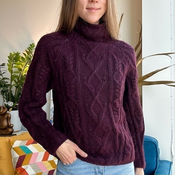 Vince Alpaca Blend Aran Raglan Burgundy Mock Neck Long Sleeve Sweater S - Picture 1 of 13